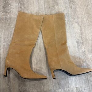 Zara Tan Suede Pointed-Toe Mid-Heel Boots